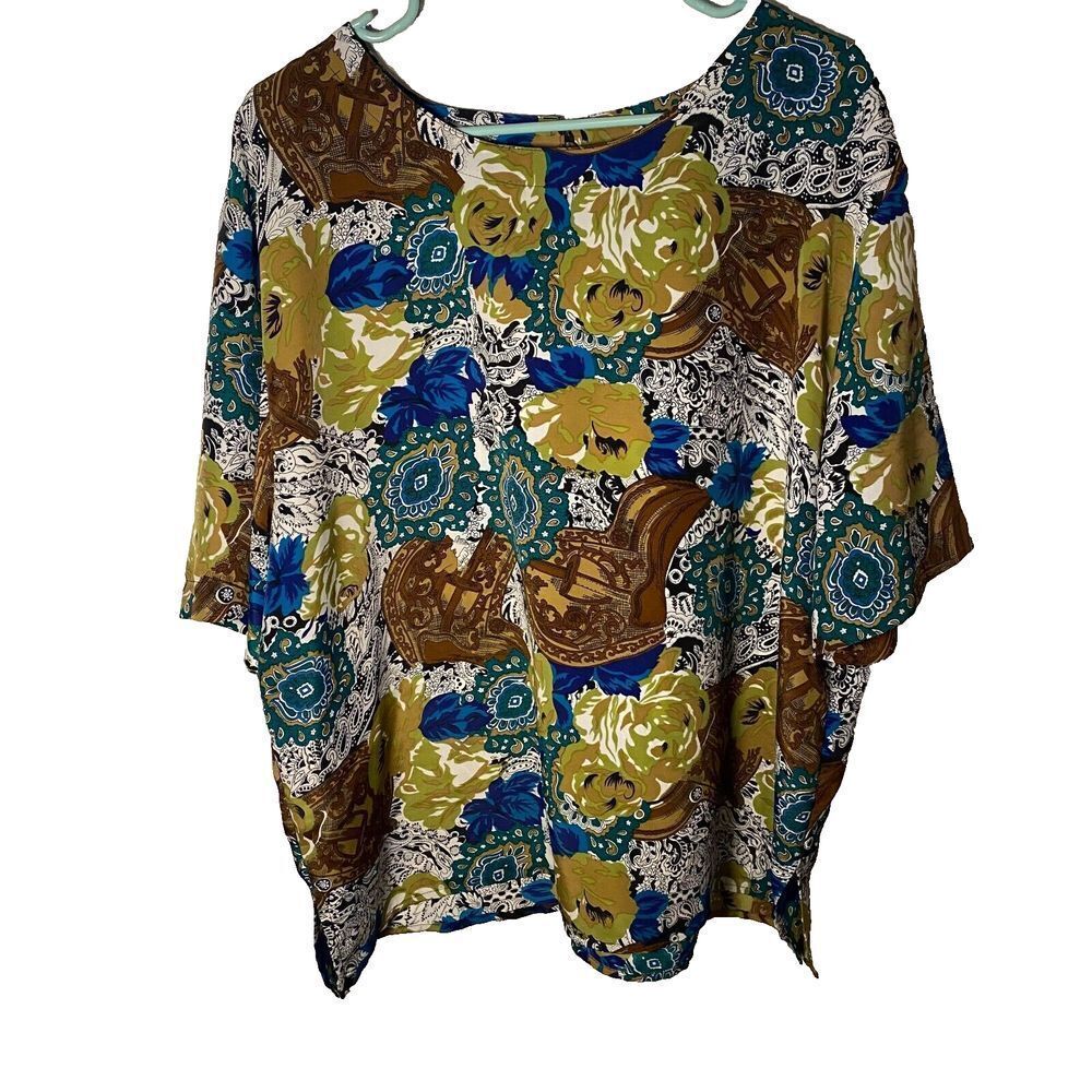 Vintage Nicola Blouse Top Women's Green Brown‎ Blue Floral Short Sleeve Size 2X